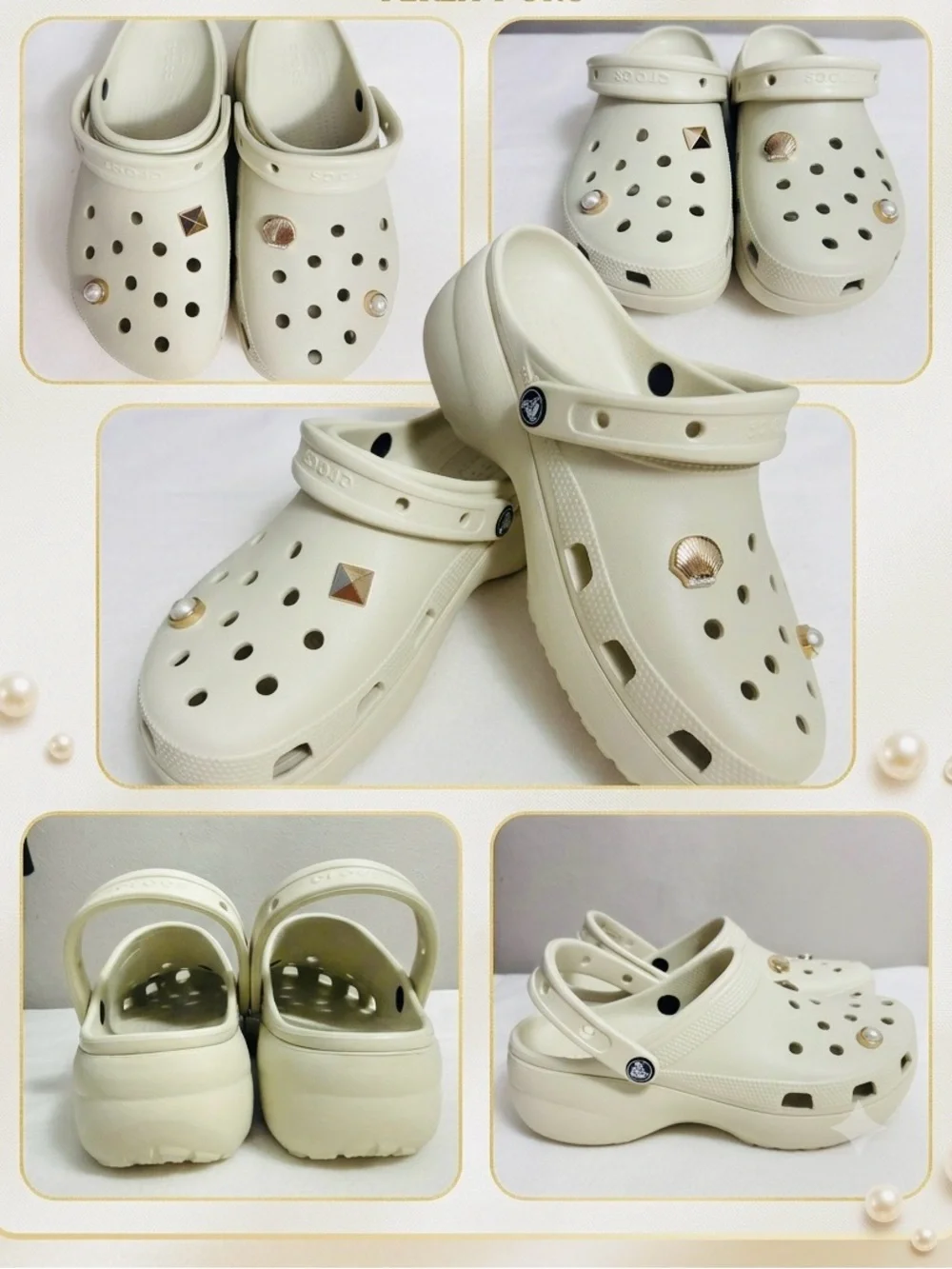 Crocs Classic Platform Clogs Bone Beige Pearl Shell Charms Women's Size 10